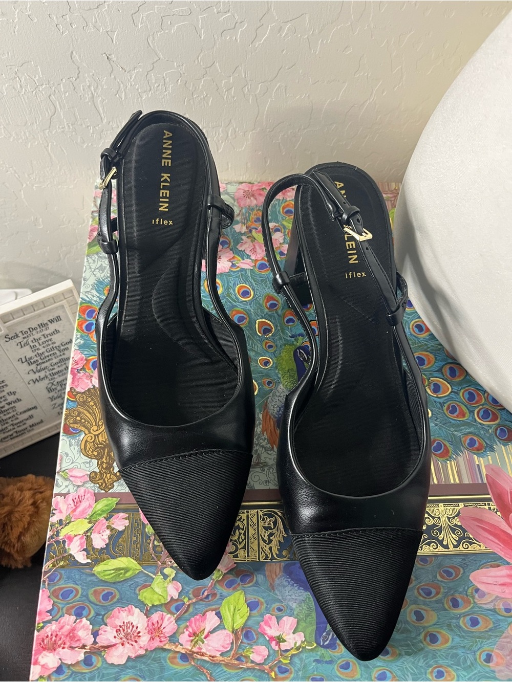 Anne Klein Black Pointed Toe Slingback Heels